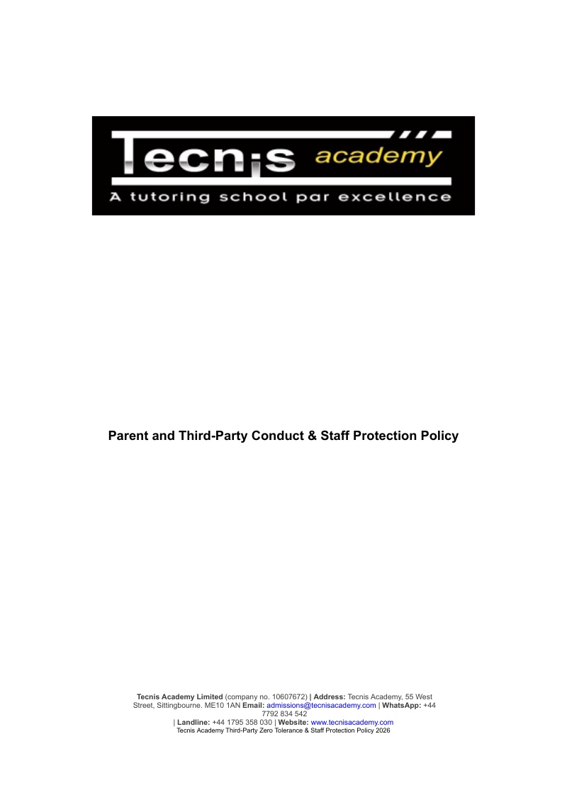 Tecnis Academy Parent and Third-Party Conduct & Staff Protection Policy